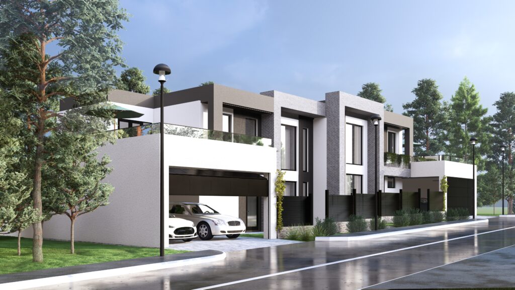 Проект дуплекса с гаражом и террасой | 2M2 Инженерия